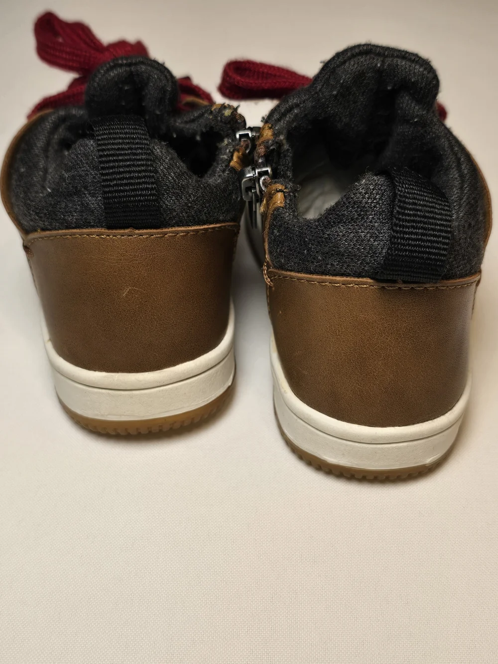 Kids Brown Leather-Look High-Top Sneakers with Red Laces